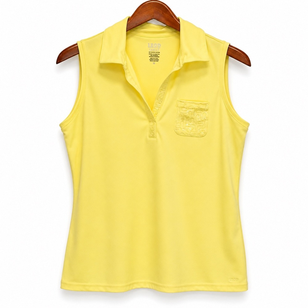 IZOD PerformX Cool FX Yellow Sleeveless Polo Shirt Sequin Lace Pocket Womens M
